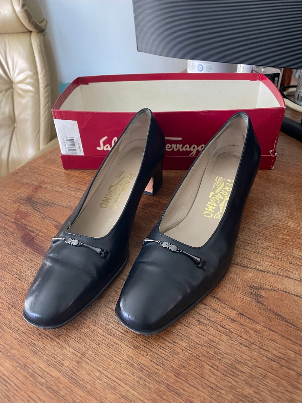 Salvatore Ferragamo Black Leather Mid Block Heel Pumps 8.5